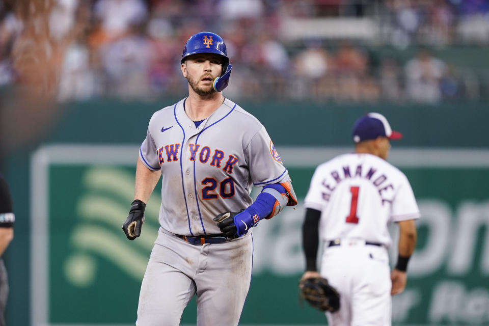 New York Mets' Pete Alonso (20) rounds the bases after his solo home run during the third inning of a baseball game against the Washington Nationals at Nationals Park, Monday, Aug. 1, 2022, in Washington. (AP Photo/Alex Brandon)