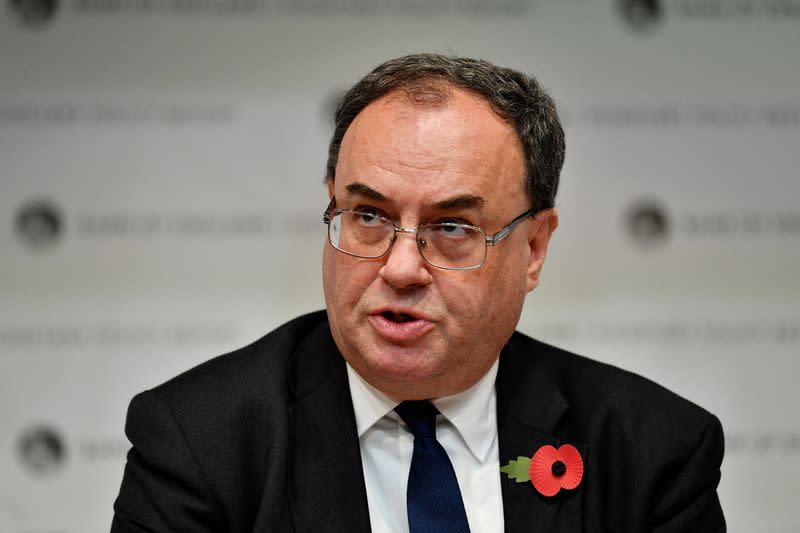 FILE PHOTO: Governor of the Bank of England Andrew Bailey addresses the Monetary Policy Report Press Conference, in London