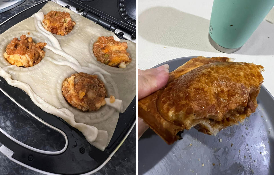 L: Raw pastry and filling in a Kmart pie maker. R: A pie made from a Kmart pie maker