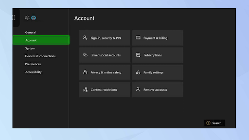 An Xbox screen displaying how to set up parental controls