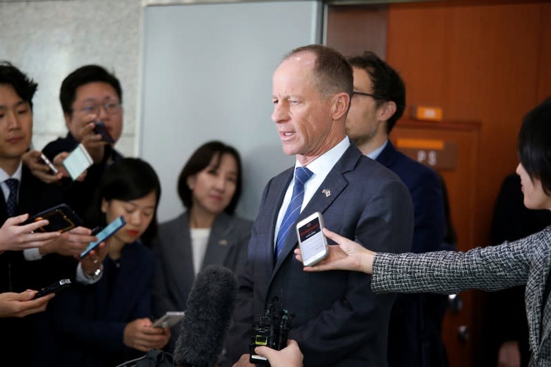 David Stilwell, U.S. Assistant Secretary for East Asian and Pacific Affairs, answers reporters' questions after a meeting with his South Korean counterpart Cho Sei-young at the Foreign Ministry in Seoul