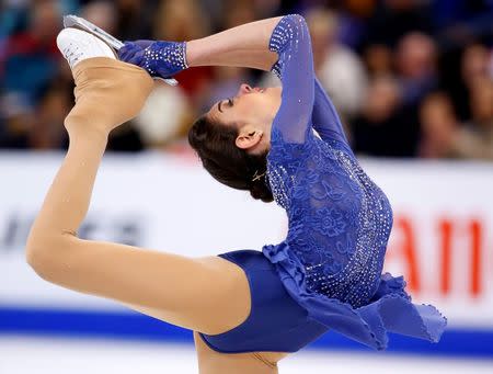 Apr 2, 2016; Boston, MA, USA; Evgenia Medvedeva of Russia competes during her gold medal performance in the ladies free skate at the ISU World Figure Skating Championships at TD Garden. Mandatory Credit: Winslow Townson-USA TODAY Sports