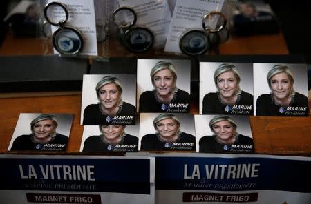 Magnets for Marine Le Pen, French National Front (FN) political party leader and candidate for French 2017 presidential election, are displayed to sell before a political rally a political rally in Lille, France, March 26, 2017.REUTERS/Pascal Rossignol