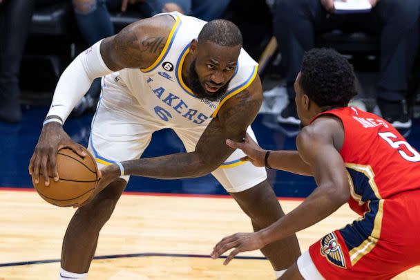 PHOTO: Los Angeles Lakers forward LeBron James stares down New Orleans Pelicans forward Herbert Jones during the second half at Smoothie King Center in New Orleans, Feb. 4, 2023. (Stephen Lew/USA TODAY Sports)