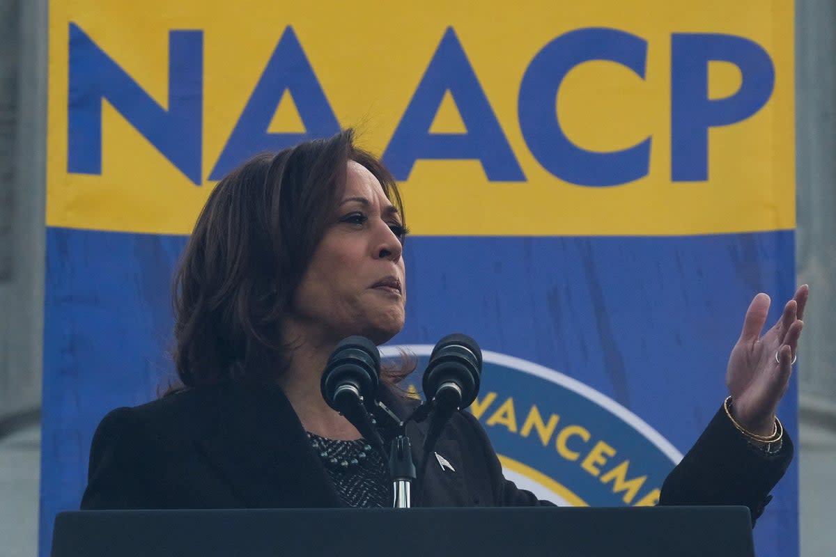 U.S. Vice President Kamala Harris gestures as she speaks outside the South Carolina State House in Columbia, South Carolina, U.S., January 15, 2024 (REUTERS)