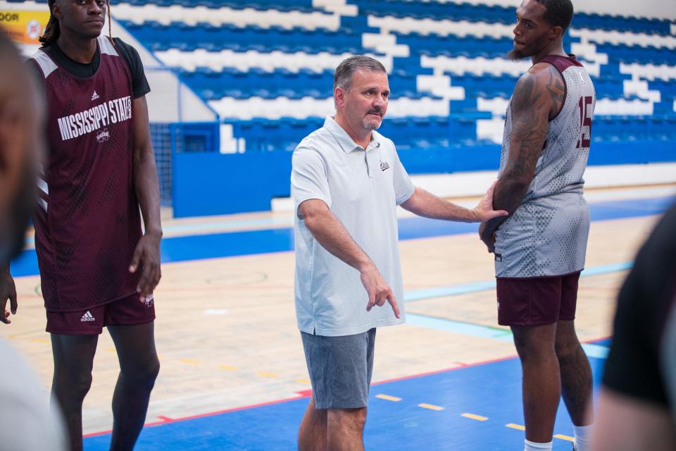 Mississippi State basketball coach Chris Jans instructs players during a 2023 foreign tour in Portugal.