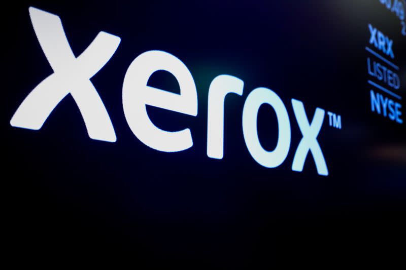 The company logo for Xerox is displayed on a screen on the floor of the NYSE in New York