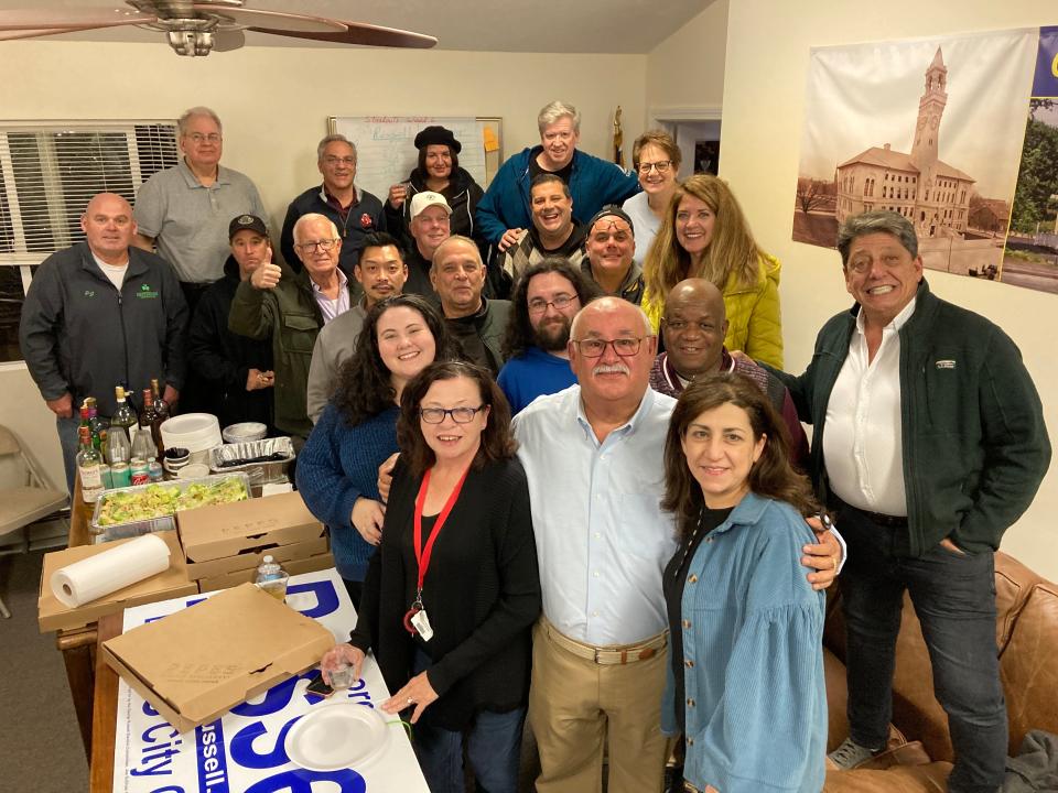 George Russell after vote results announced with campaign supporters at Russell's real estate office on Grafton Street.