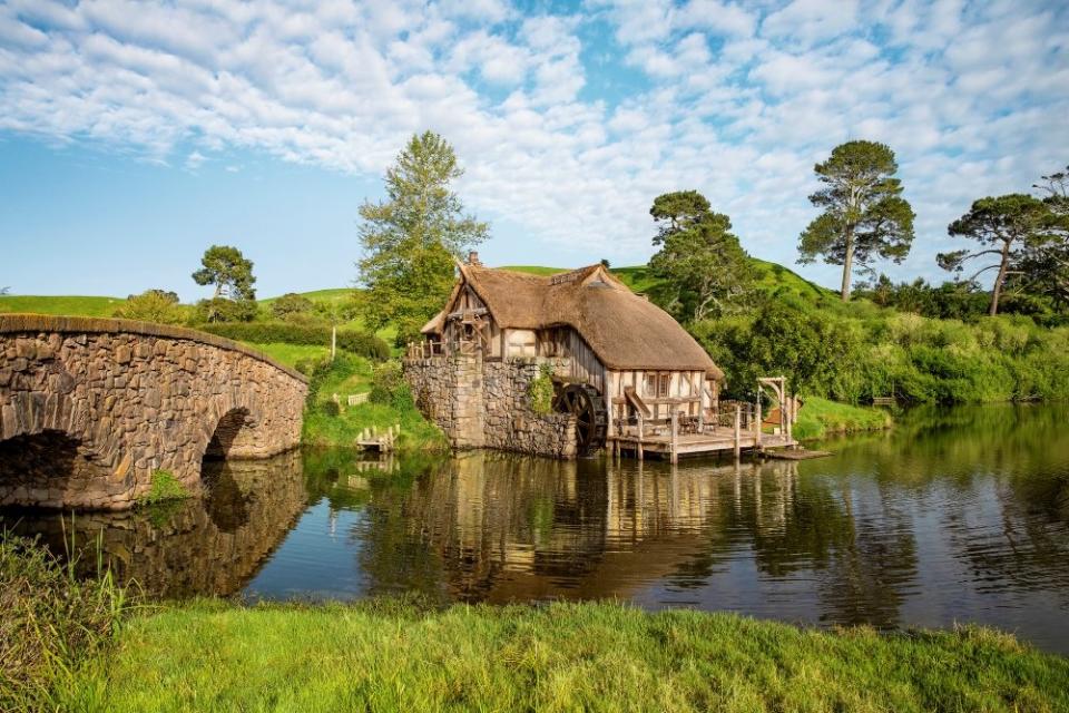 An inn next to a bridge on the Hobbit movie set in New Zealand