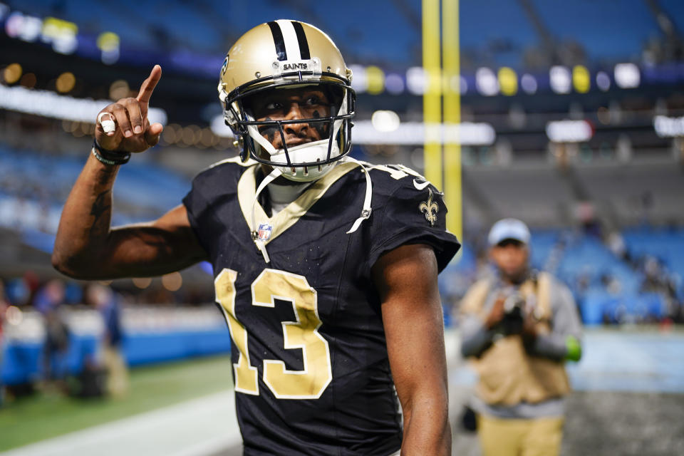 New Orleans Saints wide receiver Michael Thomas leaves the field after their win against the Carolina Panthers in an NFL football game Monday, Sept. 18, 2023, in Charlotte, N.C. (AP Photo/Jacob Kupferman)