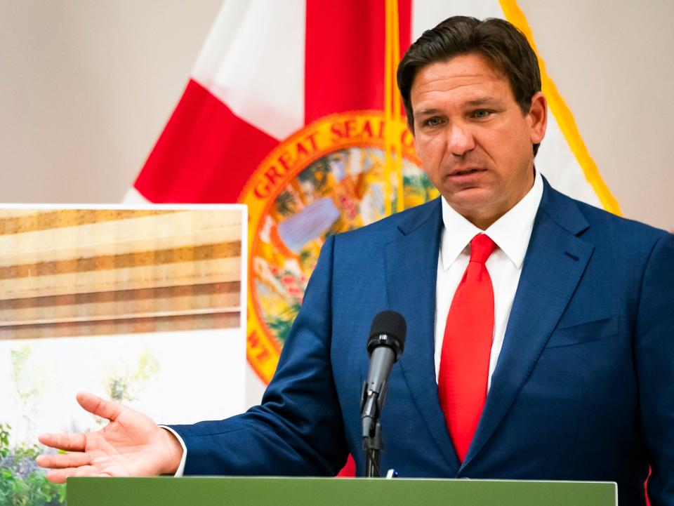 Gov. Ron DeSantis speaks during a press conference at the FGCU Kapnick Education and Research Center in Naples on Tuesday, April 23, 2024.  The state of Florida is suspending all entrance fees to state parks over Memorial Day weekend, DeSantis announced in Naples on Tuesday.