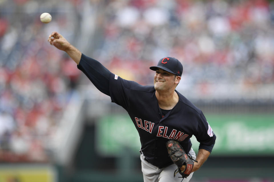 Cleveland Indians starting pitcher Adam Plutko delivers during the first inning of a baseball game against the Washington Nationals, Saturday, Sept. 28, 2019, in Washington. (AP Photo/Nick Wass)