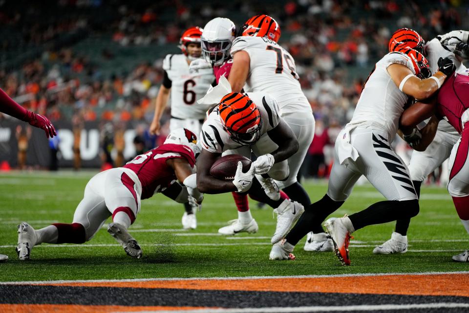 Aug 12, 2022; Cincinnati, Ohio, USA;  Cincinnati Bengals running back Jacques Patrick (39) lands just short of the goal line on a reception in the fourth quarter of the NFL Preseason Week One game between the Cincinnati Bengals and Arizona Cardinals at Paycor Stadium. The Cardinals won, 36-23. (Mandatory Credit: Sam Greene-USA TODAY Sports)