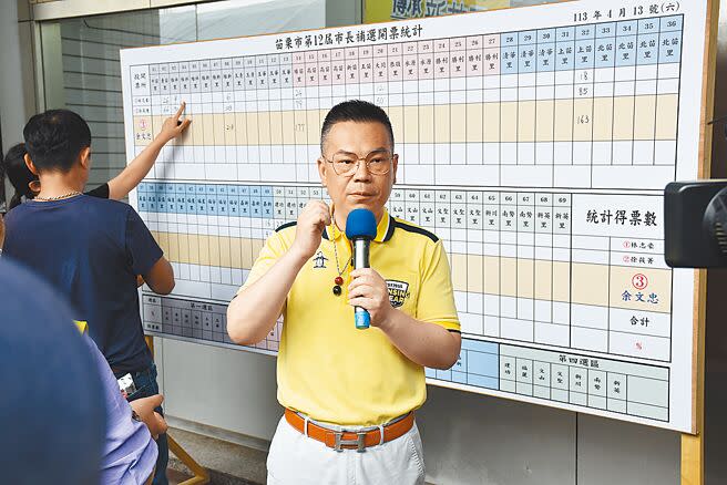 苗栗縣苗栗市長補選13日舉行，投票結果國民黨籍候選人余文忠以1萬2950票、超過62％得票率當選，在下午5點即自行宣布當選。（謝明俊攝）