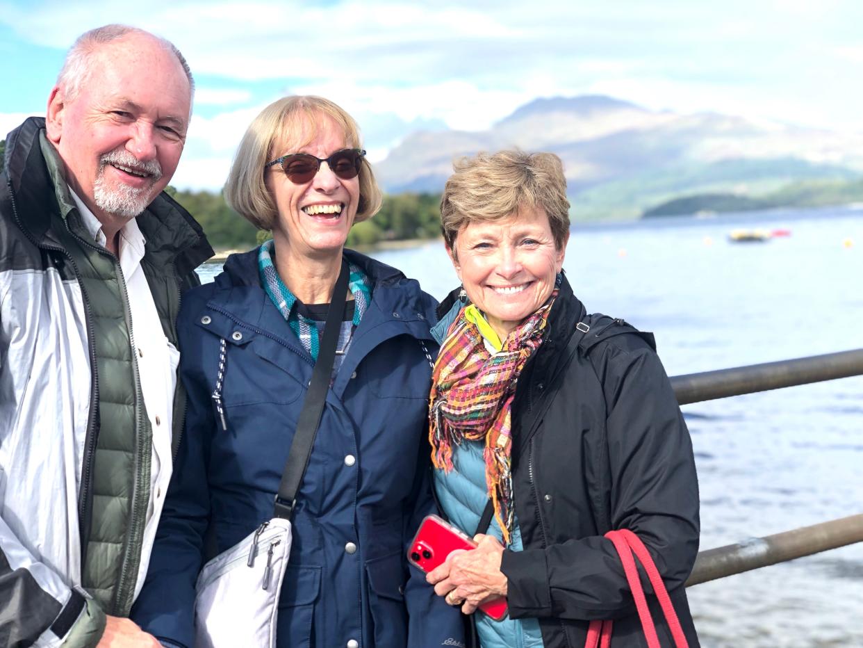 Jim and Debbie Morrison, with Janet Dix, near ferry from Oban to visit the monastic ruins of Iona.