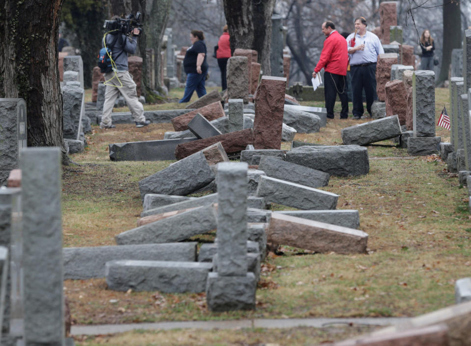 Local and national media report on more than 170 toppled Jewish headstones after a weekend vandalism attack on Chesed Shel Emeth Cemetery in University City, a suburb of St Louis, Missouri, on February 21, 2017.&nbsp;