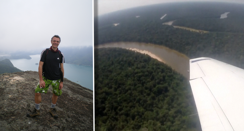 British journalist Dom Phillips (left). An aerial shot from a plane of the Amazon (right)