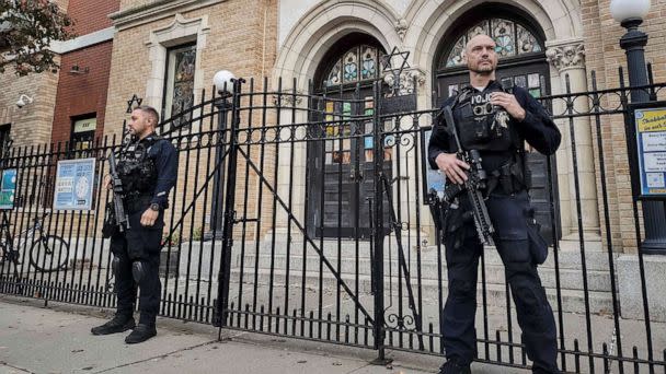 PHOTO: Police officers stand watch outside the United Synagogue of Hoboken, Nov. 3, 2022, in Hoboken, N.J. (Ryan Kryska/AP)