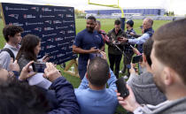 New England Patriots' head coach Jerod Mayo addresses the media before the NFL football team's rookie minicamp Saturday, May 11, 2024, in Foxborough, Mass. (AP Photo/Mark Stockwell)