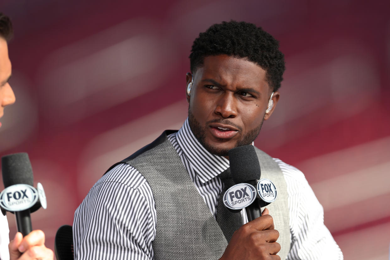 LOS ANGELES, CALIFORNIA - SEPTEMBER 20: Former USC running back Reggie Bush attends the USC game against Utah as a guest on the pregame show on Fox Sports at Los Angeles Memorial Coliseum on September 20, 2019 in Los Angeles, California. (Photo by Meg Oliphant/Getty Images)