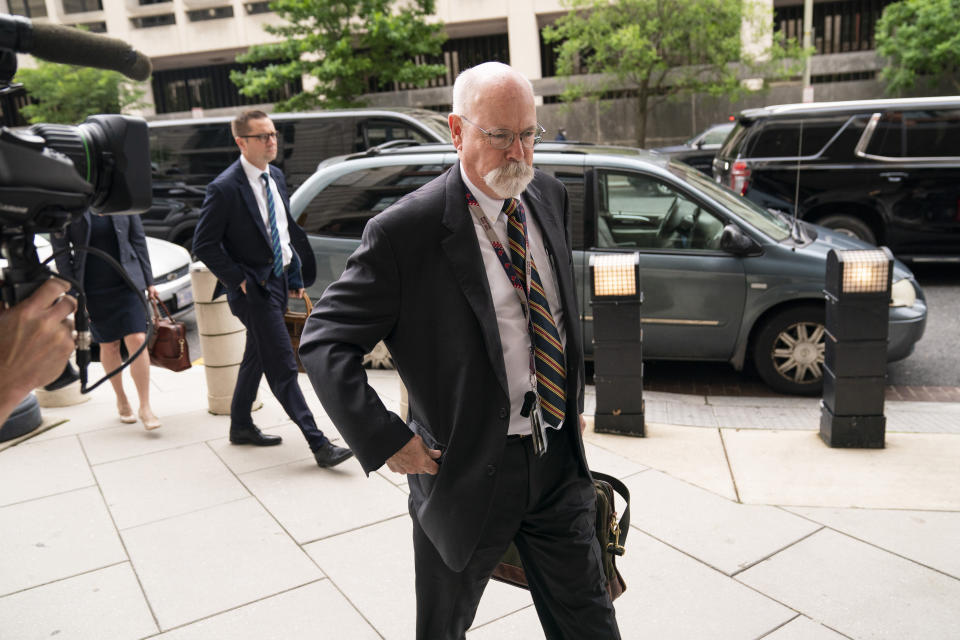 Special counsel John Durham, the prosecutor appointed to investigate potential government wrongdoing in the early days of the Trump-Russia probe, arrives to the E. Barrett Prettyman Federal Courthouse, Monday, May 16, 2022, in Washington. (AP Photo/Evan Vucci)