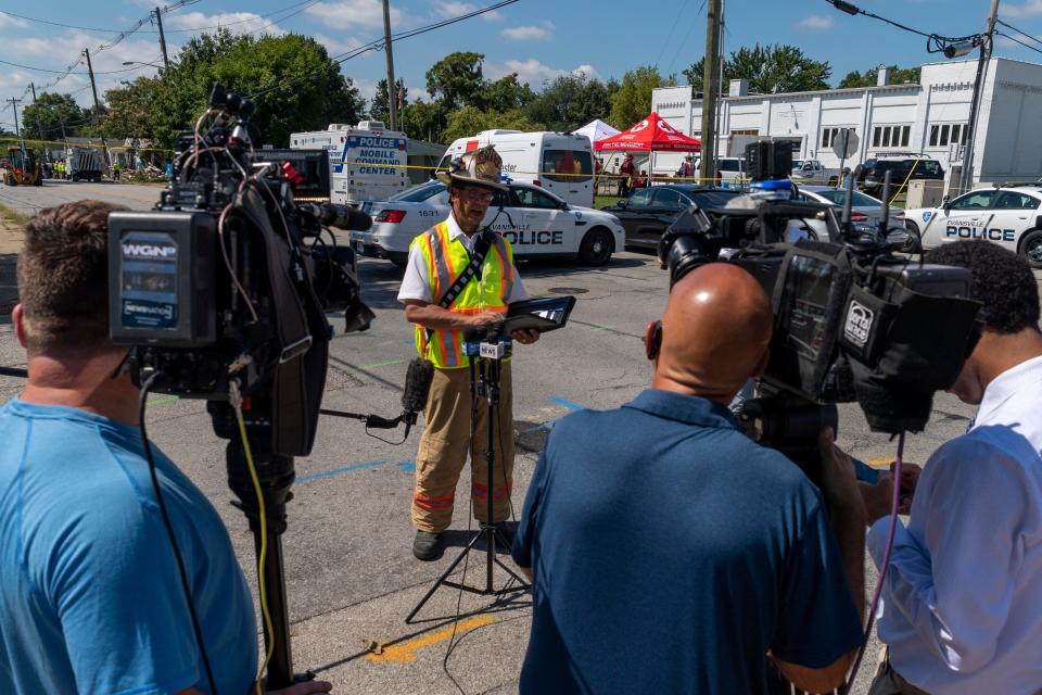 Evansville Fire Department Chief Mike Connelly provides an update the morning after a house explosion in the 1000 block of North Weinbach Avenue in Evansville, Ind., Thursday, Aug. 11, 2022. 