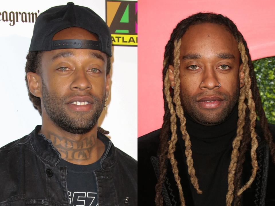 ty dolla sign with hair pulled back under a cap on the left and with long dreads on the right