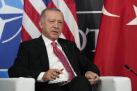 Turkey's President Recep Tayyip Erdogan speaks during his meeting with President Joe Biden during the NATO summit in Madrid, Wednesday, June 29, 2022. (AP Photo/Susan Walsh)