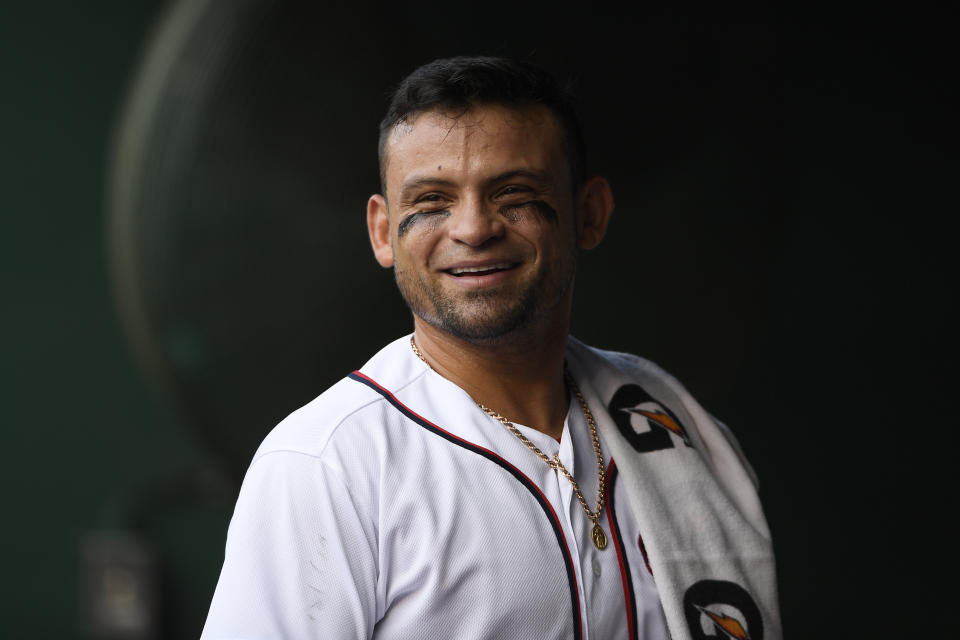 FILE - Washington Nationals' Gerardo Parra stands in the dugout before a baseball game against the Cleveland Indians, Saturday, Sept. 28, 2019, in Washington. On Monday, May 16, 2022, Parra announced on Instagram that he is retiring from baseball after 12 seasons in the major leagues and will become a special assistant to Washington Nationals general manager Mike Rizzo. (AP Photo/Nick Wass, File)