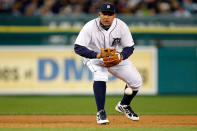 Miguel Cabrera #24 of the Detroit Tigers fields a ball against the Oakland Athletics during Game One of the American League Division Series at Comerica Park on October 6, 2012 in Detroit, Michigan. (Photo by Gregory Shamus/Getty Images)