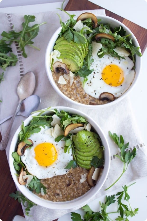 Savory oatmeal with eggs and avocado