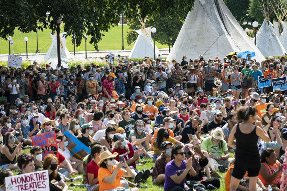 Hundreds of water protector protesters show up at the front grounds of the State Capitol for a rally against Line 3 and other pipeline projects at the State Capitol in St. Paul, Minn., on Wednesday, Aug. 25, 2021. Protesters descended upon the Minnesota State Capitol on Wednesday to rally against Enbridge Energy’s Line 3 oil pipeline as the project nears completion. (Renee Jones Schneider/Star Tribune via AP)