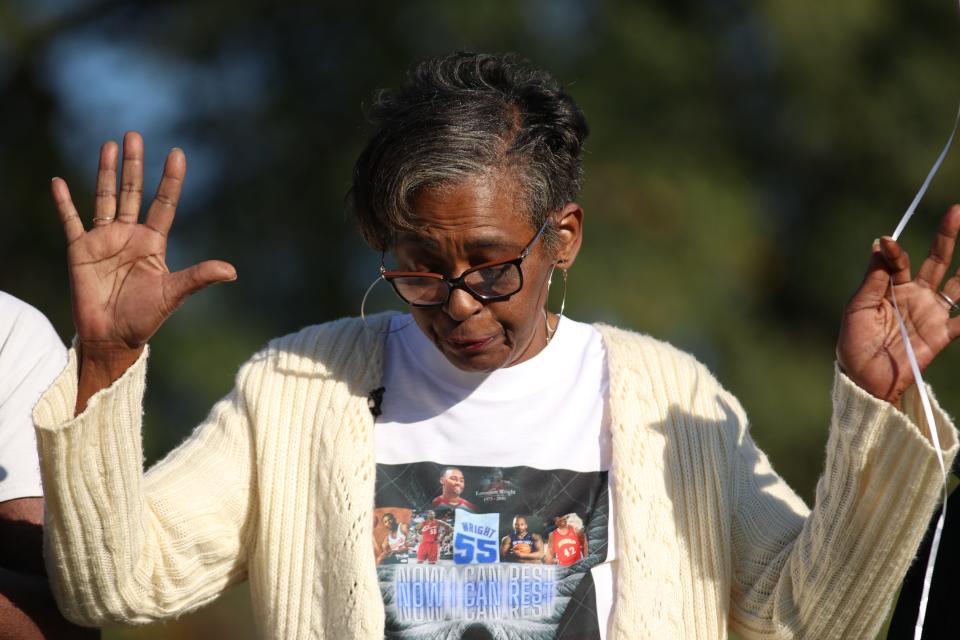 Deborah Marion, Lorenzen Wright's mother, speaks to the rest of the family before releasing balloons to commemorate his first birthday since both court cases regarding his killing ended Sunday, November 13, 2022.