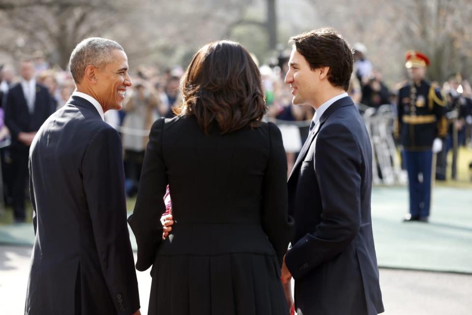 Canadian Prime Minister Justin Trudeau and Sophie Grégoire-Trudeau, arrive at the White House and are greeted by President Barack Obama and first lady Michelle Obama, Thursday March 10, 2016 in Washington. (AP Photo/Pablo Martinez Monsivais)