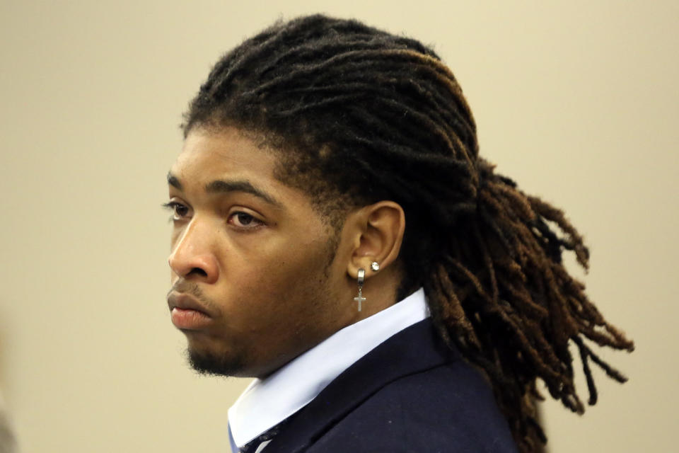 Former Virginia Tech football player Isimemen David Etute looks on during his trial in Montgomery County Circuit Court in Christiansburg, Va., Friday May 27 2022. Etute is accused of fatally beating Jerry Smith, 40 in May 2021, a man he met on an online dating site and had initially believed to be a woman. (Matt Gentry/The Roanoke Times via AP)