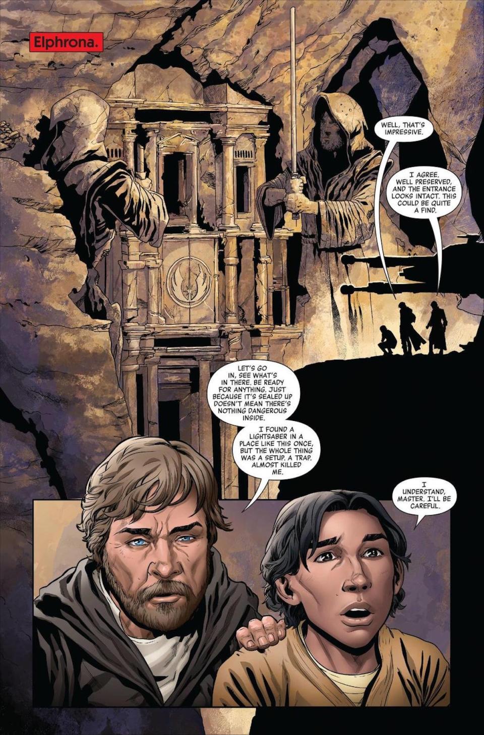 A panel from a Kylo Ren Star Wars comic where Luke Skywalker brings young Ben Solo to an old Jedi Temple with two giant statues outside