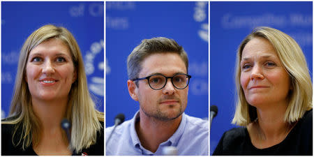 A combination photo shows members of the International Campaign to Abolish Nuclear Weapons (ICAN), Beatrice Fihn, Executive Director, Daniel Hogsta, coordinator, Grethe Ostern, member of the steering committee, during a news conference after ICAN won the Nobel Peace Prize 2017, in Geneva, Switzerland October 6, 2017. REUTERS/Denis Balibouse