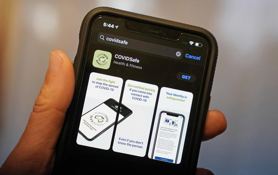 The Australian Government's new voluntary coronavirus tracing app 'COVIDSafe' is seen on a mobile phone. Source: AAP