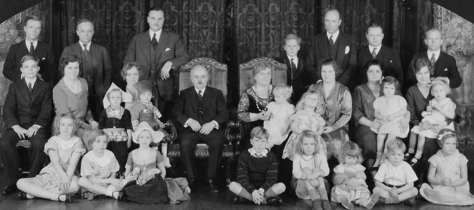 Goodyear Tire & Rubber Co. co-founder F.A. Seiberling and his wife, Gertrude, takes a 1930s portrait with their children and grandchildren.