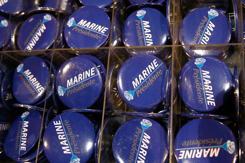 <p>Badges go for sale before a campaign meeting for far-right presidential candidate Marine Le Pen, Monday May 1, 2017, in Villepinte, outside Paris. (AP Photo/Thibault Camus) </p>