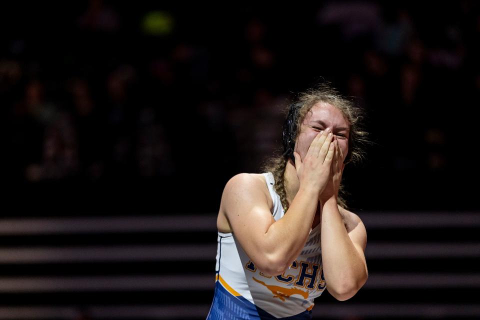 Mountain Crest’s Brooke Keller celebrates a win during the 4A Girls Wrestling State Championships at the UCCU Center in Orem on Thursday, Feb. 15, 2024. | Marielle Scott, Deseret News