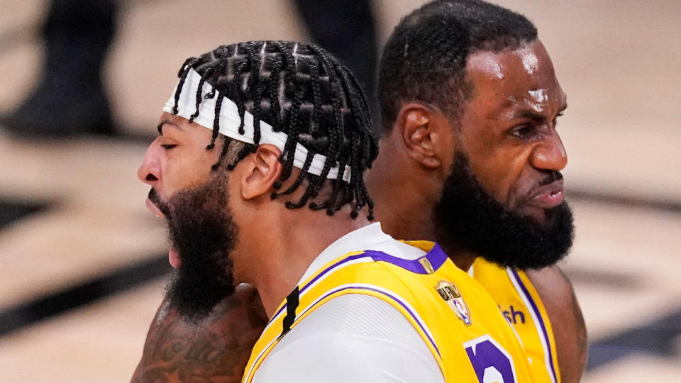 Pictured here, Lakers teammates LeBron James and Anthony Davis celebrate during the NBA Finals.