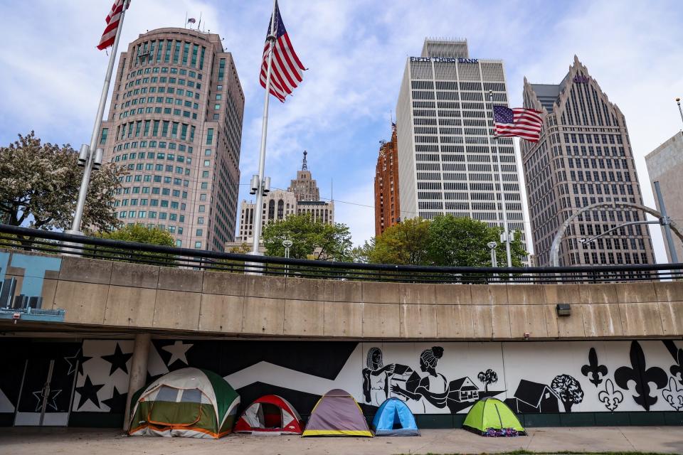 The homeless encampment at Hart Plaza, which formed during the COVID-19 pandemic, on April 23, 2021.