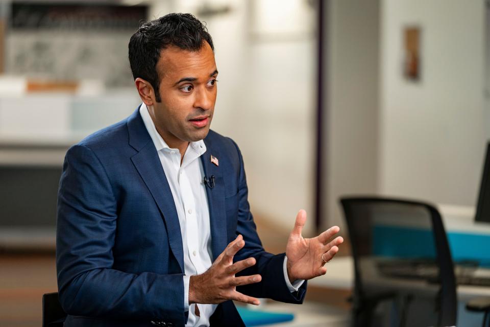 Republican presidential candidate and entrepreneur Vivek Ramaswamy sits for an interview with Brianne Pfannenstiel of the Des Moines Register and Dasha Burns of NBC News in the Des Moines Register newsroom, Wednesday, Jan. 3, 2024.