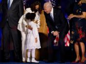 Democratic 2020 U.S. presidential nominee Joe Biden celebrates onstage at his election rally in Wilmington