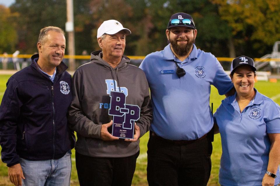 From left to right: Bristol-Plymouth Superintendent Alexandre Magalhaes, former Bristol-Plymouth football coach Bill Moan, Bristol-Plymouth Athletic Director Mark Lebeda and Bristol-Plymouth principal Karen Guenette following Moan's hall of fame induction ceremony.