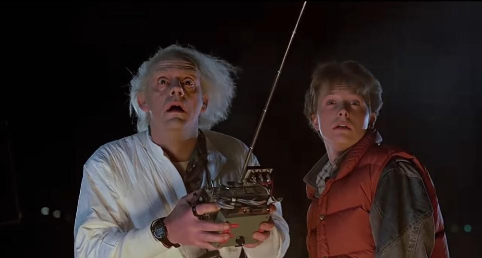 Doc Brown and Marty looking back after the Delorean vanished in "Back to the Future"