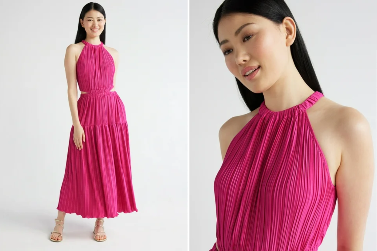 Scoop Pleated Plisse Halter Maxi Dress