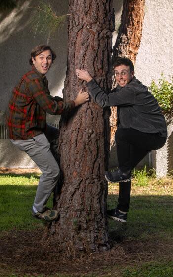 Nick Lieberman, left, co-writer/co-director of the comedy "Theatre Camp," and Mark Sonnenblick, songwriter/composer