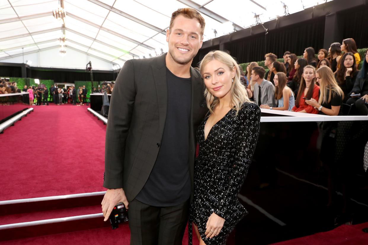 SANTA MONICA, CALIFORNIA - NOVEMBER 10: 2019 E! PEOPLE'S CHOICE AWARDS -- Pictured: (l-r) Colton Underwood and Cassie Randolph arrive to the 2019 E! People's Choice Awards held at the Barker Hangar on November 10, 2019. -- NUP_188992 (Photo by Christopher Polk/E! Entertainment/NBCU Photo Bank via Getty Images)